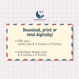 May include: A digital design advertisement with a cream-colored background and a red and blue border. The text reads "Download, print or send digitally!" with size details: Letter size 8.5 x 11 inches. The moonXbrush Digital logo is at the top.