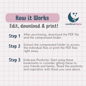 K&ouml;nnte beinhalten: Ein rosa-wei&szlig;er Rasterhintergrund mit einem hellrosa Rechteck oben, auf dem in dunkelblauem Text "How it Works" steht. Unter dem Rechteck steht in dunkelblauem Text "Edit, download & print!" Darunter sind drei Schritte in dunkelblauem Text aufgelistet: "Step 1", "Step 2" und "Step 3". Jeder Schritt hat eine Beschreibung in schwarzem Text. In der oberen rechten Ecke befindet sich ein wei&szlig;er Halbmond mit Sternen auf dunkelblauem Hintergrund. Der Text "moonXbrush Digital" steht in wei&szlig;em Text unter dem Mond.