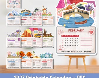 Destinos de temporada, Calendario de viajes 2027, Calendario 2027, Calendario imprimible, Calendario bonito, Calendario de afirmaciones positivas, Calendario de escritorio