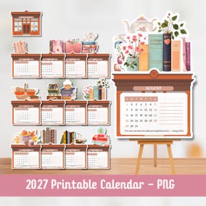 Peut inclure: Un ensemble de calendrier imprimable 2027 comprenant douze pages mensuelles avec des en-têtes marron, des illustrations de livres, des accents floraux et des théières. La page d'août est sur un chevalet en bois, affichant le mois, les dates et la citation : It is never too late to be what you might have been. - George Eliot.