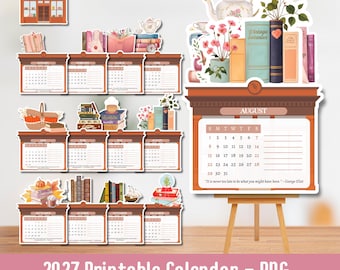 Kalender 2027, kalender boekenliefhebber, afdrukbare kalender, leuke kalender, bureaukalender boekenwinkel, kalender met positieve bevestiging, bibliotheekprint