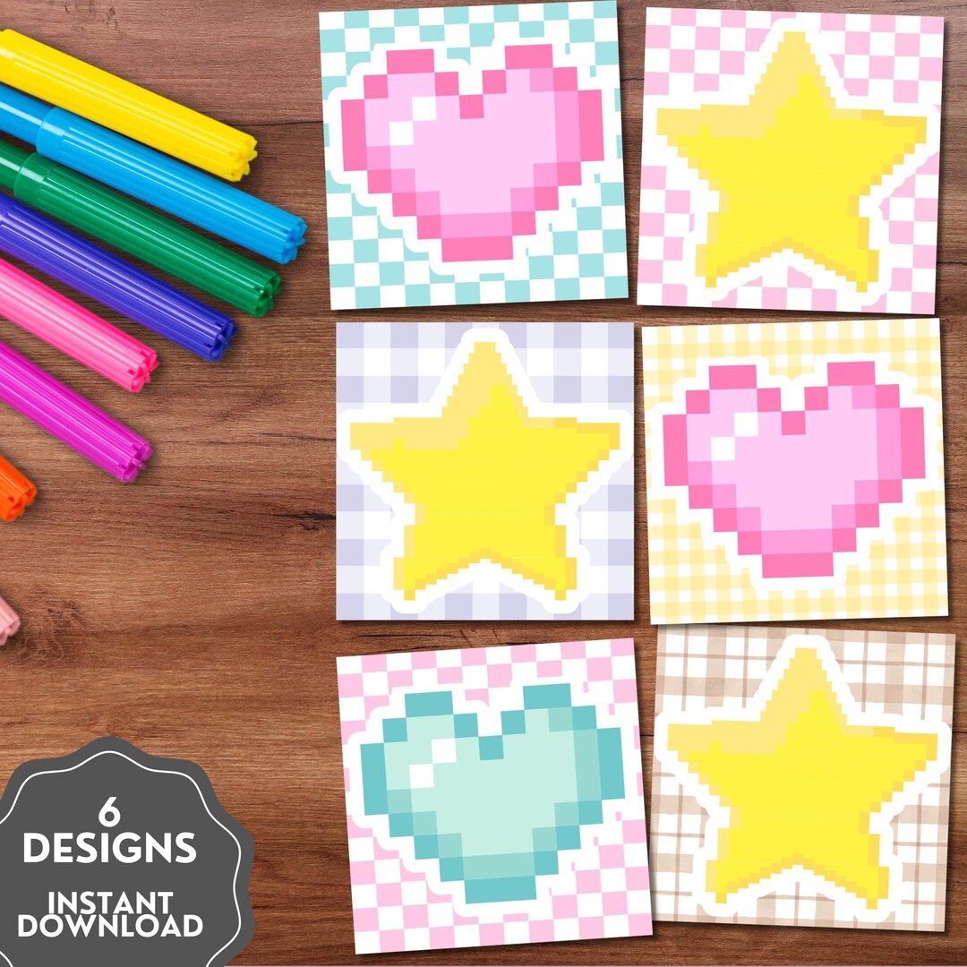 Pixel Heart and Star Notepad, Pixel Art Kawaii Memo, Pixel Shapes ...