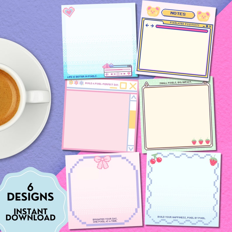 Puede incluir: Seis blocs de notas digitales de color pastel con bordes y texto pixelados. Los blocs de notas presentan gr&aacute;ficos pixelados, incluyendo un coraz&oacute;n, un lazo, una fresa y un oso. El texto en los blocs de notas incluye "La vida es mejor en p&iacute;xeles", "Construye un d&iacute;a pixel-perfecto", "P&iacute;xeles peque&ntilde;os, gran impacto", "Ilumina tu d&iacute;a, un p&iacute;xel a la vez", "Construye tu felicidad, p&iacute;xel por p&iacute;xel", y "Notas: Positividad pixelada".