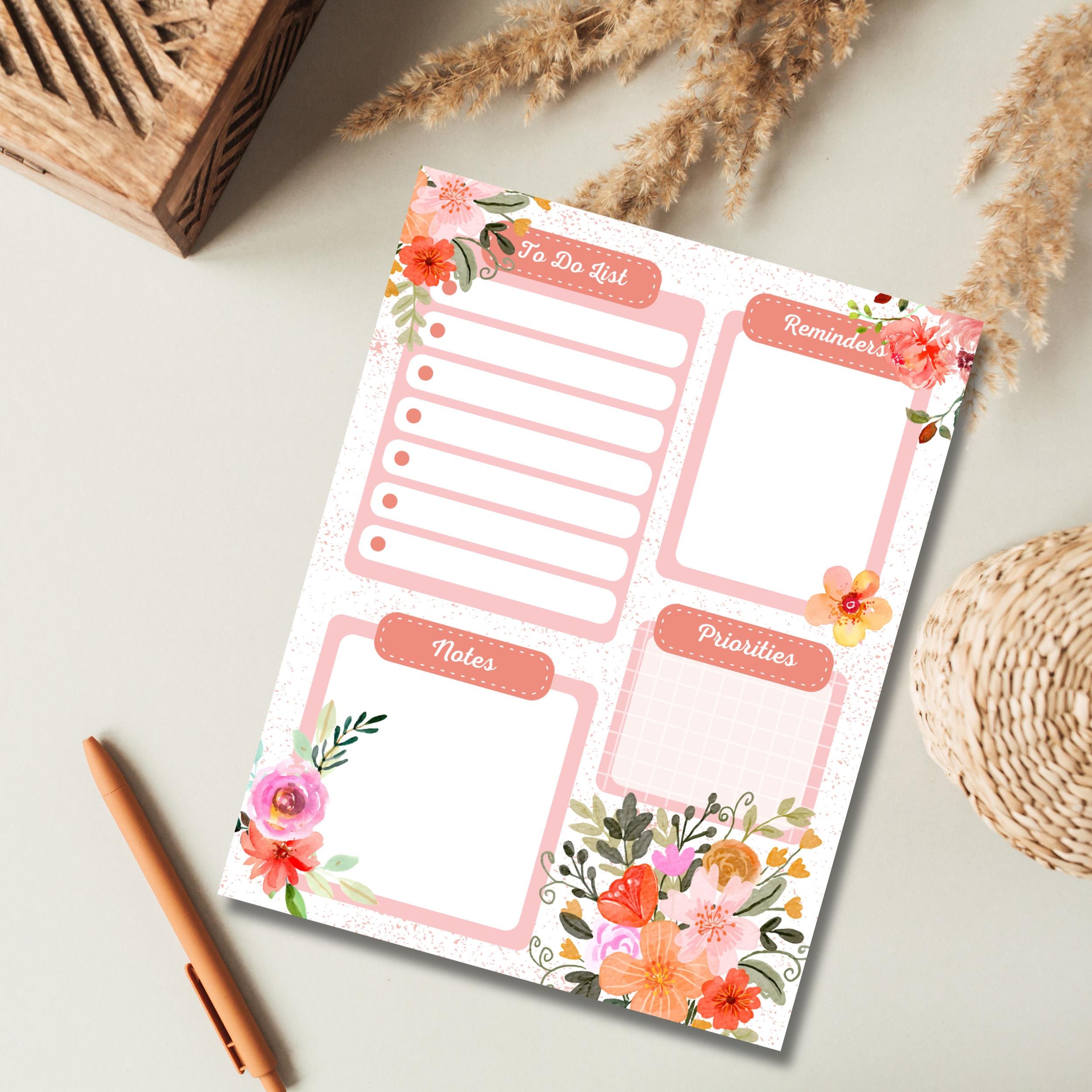 Watercolor Flower Planner, Printable Notepad, Kawaii Memo, Daily to Do ...