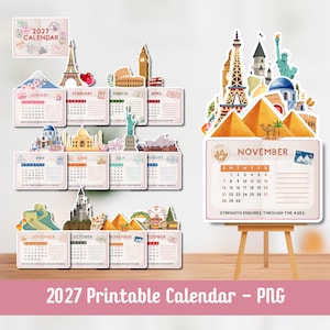 May include: A 2027 printable calendar featuring monthly pages with travel-themed illustrations of landmarks like the Eiffel Tower and the Statue of Liberty. The calendar is displayed on a small wooden easel.