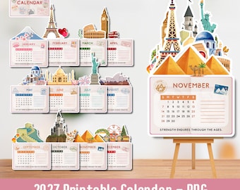 Reiskalender 2027, kalender 2027, afdrukbare kalender, leuke kalender, bureaukalender, kalender met positieve bevestiging, reisbestemmingen