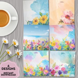 May include: Six square note card designs with floral and landscape paintings. The cards feature sunflowers, a beach scene, and other colorful flowers. The words "Notes" and "6 Designs Instant Download" are visible.