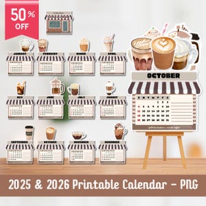 Puede incluir: Un calendario imprimible de 2025 y 2026 con temática de cafetería. Cada mes está representado por una página de calendario con una ilustración de bebida de café. El calendario de octubre se muestra en un pequeño caballete de madera. Incluye el texto "50% OFF".