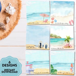 May include: Six beach-themed designs with watercolor illustrations of ocean scenes, including a beach umbrella, lifeguard stand, and palm tree. Each design has a different inspirational quote. The words "6 Designs" and "Instant Download" are also visible.