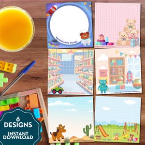 May include: Six square memo pads featuring diverse illustrations: a space scene with a bear astronaut, a teddy bear room, a toy store aisle, a playroom with a robot, a desert landscape with a cowboy horse, and a playground with a slide and swings.