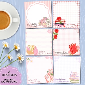 Könnte beinhalten: Sechs Designs von druckbarem Briefpapier mit Blumen- und Buchillustrationen. Die Designs enthalten Zitate wie "Buy me books & call me pretty" und "Happily ever after is my aesthetic." Die Wörter "6 Designs" und "Instant Download" sind ebenfalls sichtbar.