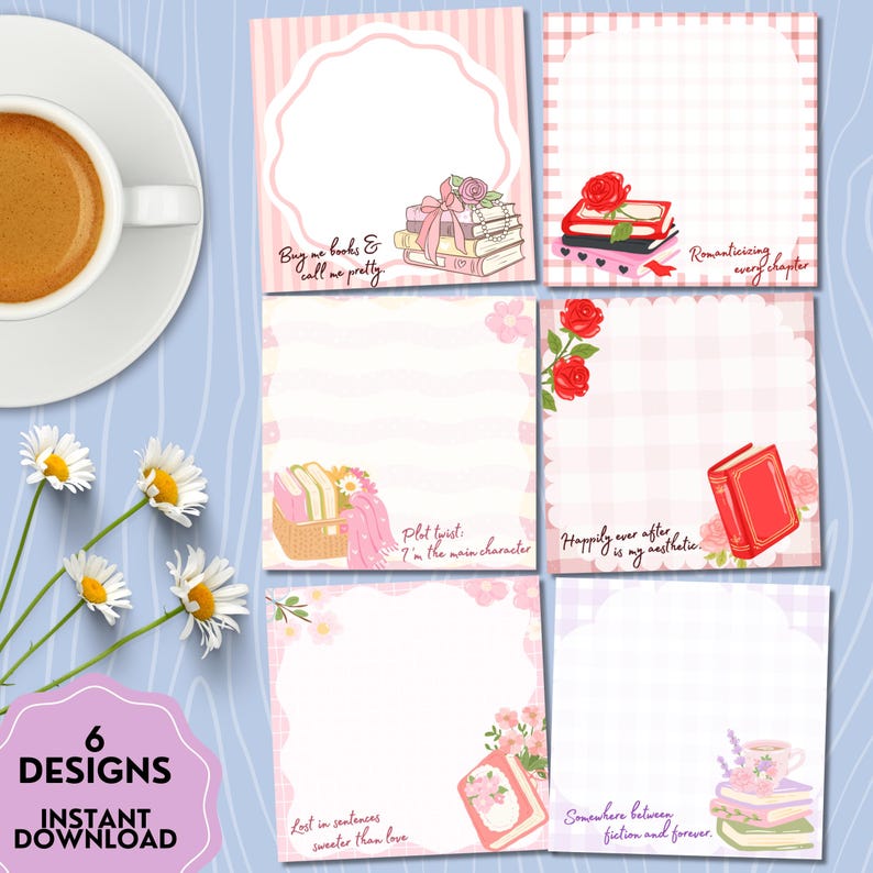 K&ouml;nnte beinhalten: Sechs Designs von druckbarem Briefpapier mit Blumen- und Buchillustrationen. Die Designs enthalten Zitate wie "Buy me books & call me pretty" und "Happily ever after is my aesthetic." Die W&ouml;rter "6 Designs" und "Instant Download" sind ebenfalls sichtbar.