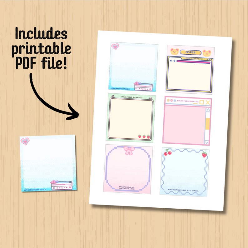 Puede incluir: Papel digital imprimible con ocho blocs de notas de diferentes colores pastel que presentan dise&ntilde;os pixelados y citas motivacionales. Las citas incluyen "La vida es mejor en p&iacute;xeles", "P&iacute;xeles peque&ntilde;os, gran impacto", "Construye un d&iacute;a perfecto en p&iacute;xeles" y "Alimenta tu felicidad, p&iacute;xel a p&iacute;xel".