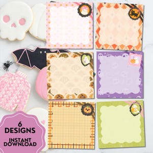 May include: Six square memo pads with Halloween themes, including pink polka dots, orange argyle, pumpkin patterns, purple ghosts, tan plaid, and green spiderwebs. Each pad features a scalloped border and a small decorative sticker in the corner.