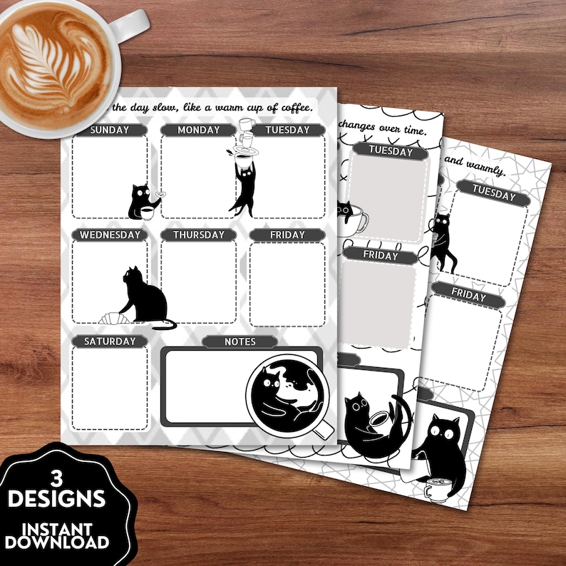 Coffee Cat Weekly Planner, Printable Notepad, Kawaii Memo, to Do List ...