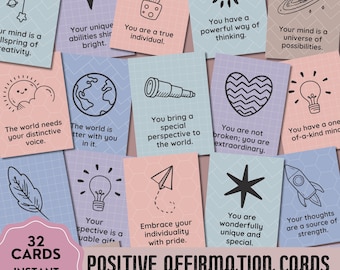 Neurodivergenta positiva bekräftelsekort utskrivbara, positiva talesätt, psykisk hälsa självvård, ADHD-kort, Världsdagen för psykisk hälsa