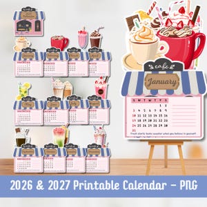 May include: A 2027 printable cafe-themed calendar set featuring twelve monthly pages with blue and white striped awnings, each decorated with illustrations of various beverages like coffee, hot cocoa, and milkshakes, plus a large January display.