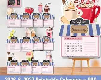 May include: A 2027 printable cafe-themed calendar set featuring twelve monthly pages with blue and white striped awnings, each decorated with illustrations of various beverages like coffee, hot cocoa, and milkshakes, plus a large January display.