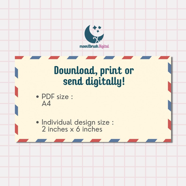 K&ouml;nnte beinhalten: Ein gelber und roter Umschlag mit blauen und wei&szlig;en Streifen an den R&auml;ndern. Der Text auf dem Umschlag lautet "Download, drucken oder digital versenden!"  "&bull; PDF-Gr&ouml;&szlig;e: A4" "&bull; Einzelne Design-Gr&ouml;&szlig;e: 2 Zoll x 6 Zoll"