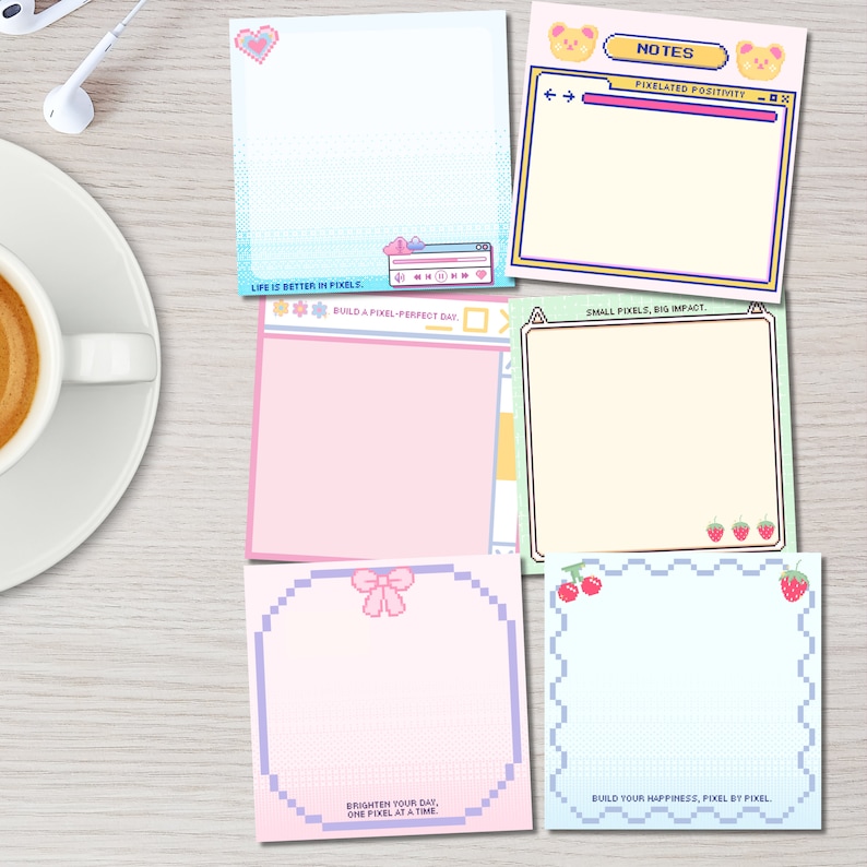 Pixel Paper Notes Pixel Art, Pastel Stationery, Printable Notepad, Kawaii Memo, Positive ...