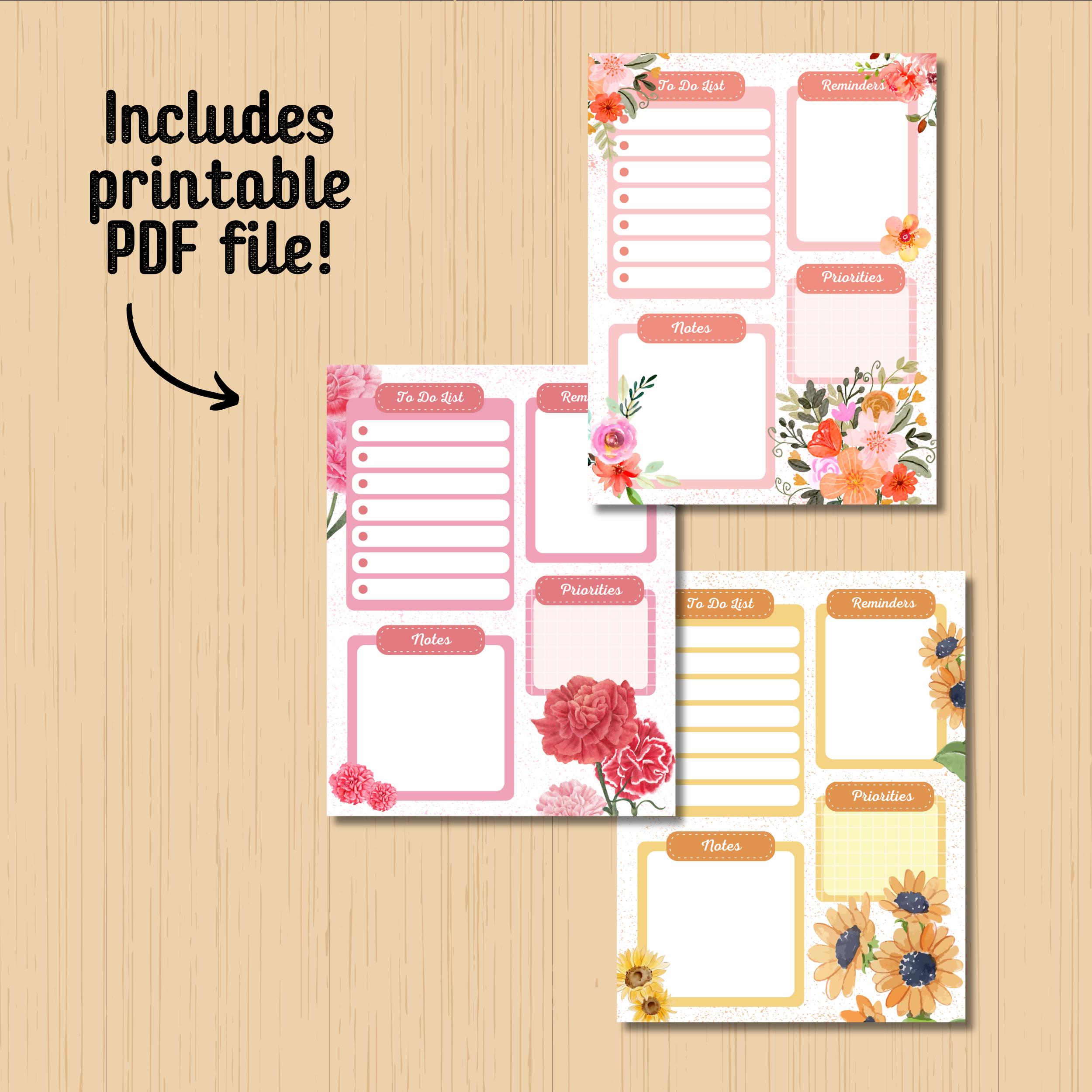 Watercolor Flower Planner, Printable Notepad, Kawaii Memo, Daily to Do ...