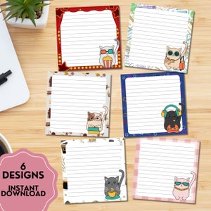 Könnte beinhalten: Sechs bedruckbare Notizblöcke mit Katzenmotiven in verschiedenen Designs. Jeder Notizblock zeigt eine niedliche Katzenillustration mit einem anderen Thema, wie z. B. Filmabend, Reisen, Gaming, Lesen, Kaffee und Mode. Die Notizblöcke sind perfekt zum Notieren, für Listen oder zum Festhalten von Ideen.