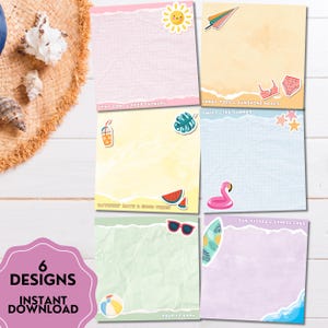 May include: Six summer-themed notepads with different designs. Each notepad has a unique background colour, decorative stickers, and text including "Stay Cool & Keep Shining" and "Sandy Toes & Sunshine Notes". The phrase "Instant Download" is also visible.