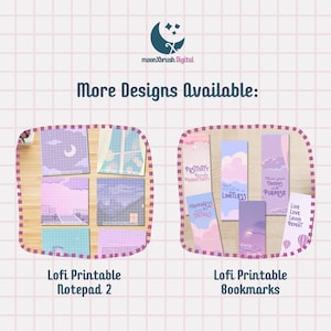 May include: Two sets of printable designs in a pastel color scheme. The first set is a notepad with four different designs featuring a moon, a window, a staircase, and a cityscape. The second set is a set of four bookmarks with inspirational quotes and a cloud, a hot air balloon, and a cityscape design.