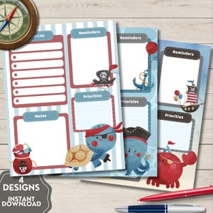 May include: Four pirate-themed printable planner designs. Each design features a different pirate character, including a turtle, octopus, and crab. The planners have sections for to-do lists, reminders, priorities, and notes. The phrase "4 Designs Instant Download" is visible.