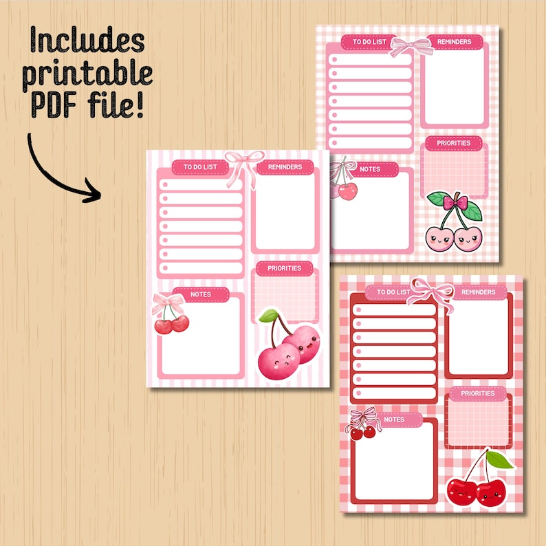 May include: Pink printable PDF planner pages with a cherry theme. Each page includes sections for to-do lists, reminders, priorities, and notes. The pages have a pink and white gingham or striped background, with cherry illustrations and the text "Includes printable PDF file!"