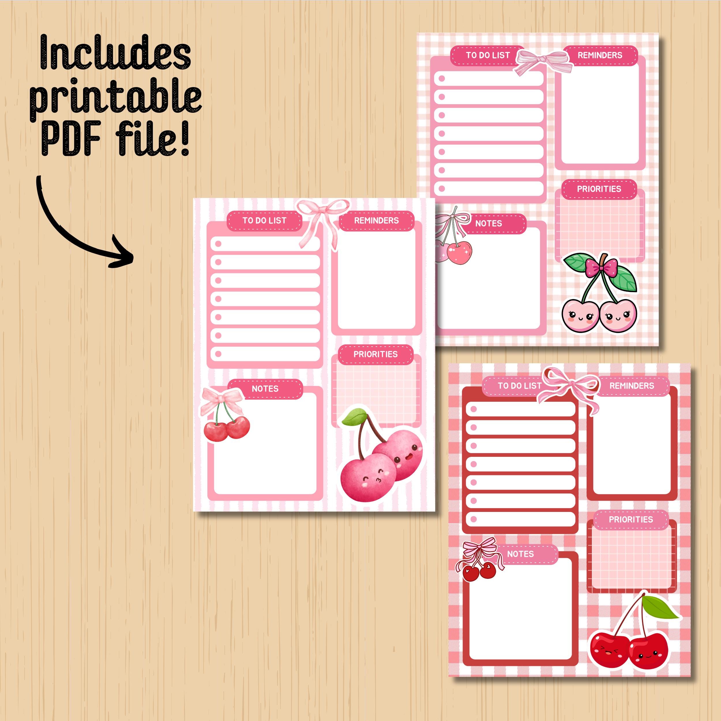 Cherry Planner, Printable Notepad, Kawaii Memo, Daily to Do List ...