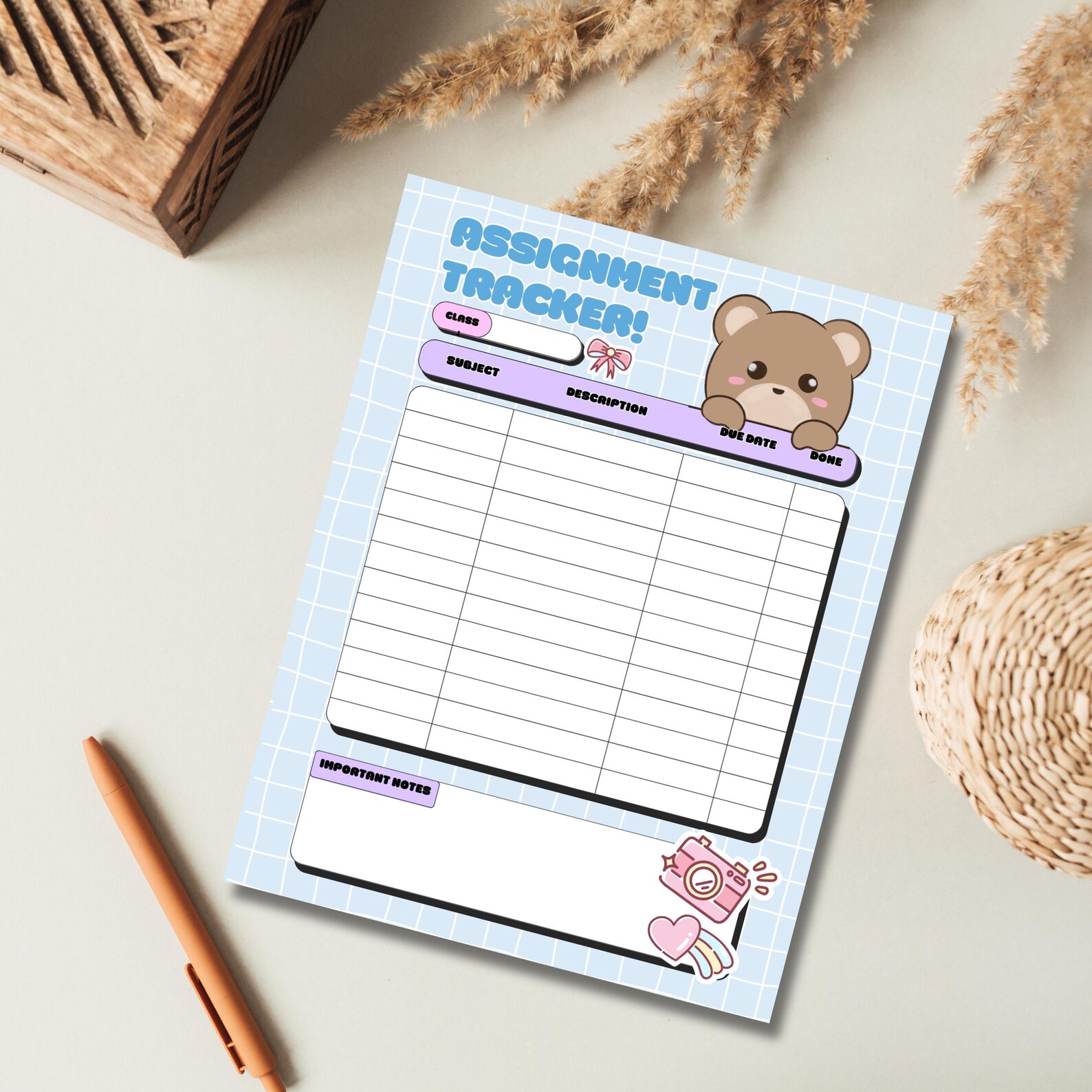 Assignment Tracker, Printable Notepad, Kawaii Memo Pad, Study Planner ...