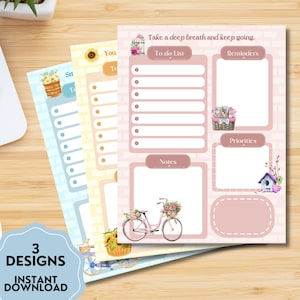 May include: Three printable planner pages with a floral theme. The pages include sections for to-do lists, reminders, priorities, and notes. The pages are decorated with images of flowers, a birdhouse, a bicycle, and a birdcage.