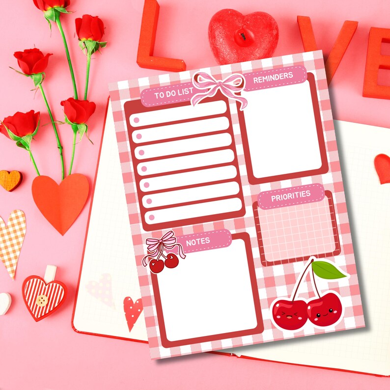 May include: A pink and white gingham patterned notepad with sections for to-do lists, reminders, notes, and priorities. The notepad features a cherry illustration and the word "LOVE" in red block letters.