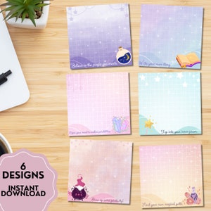 May include: Six printable digital planner pages with a magical theme. Each page features a different design with a quote, stars, and a magical object. The quotes include: "Believe in the magic you create", "Write your own story", "Open your mind to endless possibilities", "Tap into your inner power", "Brew up some positivity", and "Find your own magical path".