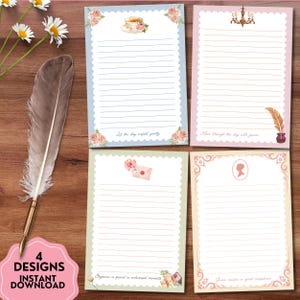 May include: Four stationery designs with scalloped edges, each featuring a different floral and vintage-themed illustration. The designs include a teacup, chandelier, envelope, and cameo. The text "4 DESIGNS INSTANT DOWNLOAD" is also visible.