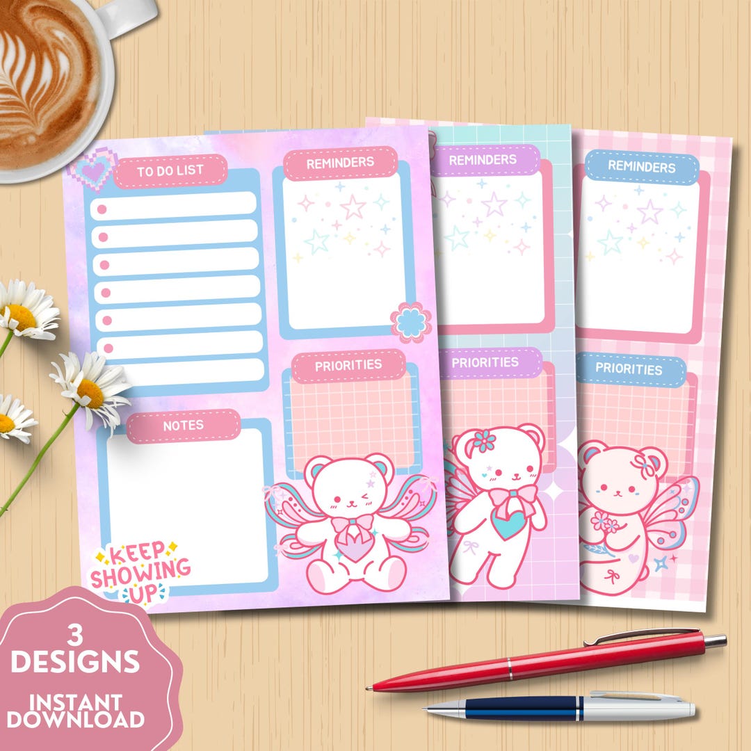 Pastel Bear Daily Planner, Printable Notepad, Kawaii Memo, Daily to Do ...