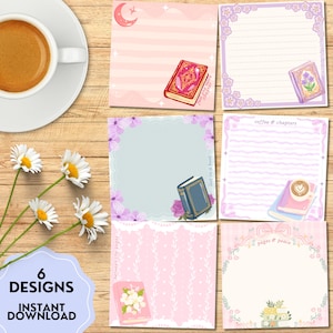 Peut inclure: Six modèles de papeterie illustrés sur le thème des livres et des fleurs. Les motifs comprennent des pages lignées et vierges, avec une tasse de café et des marguerites en arrière-plan. Le texte comprend "6 Designs" et "Instant Download".