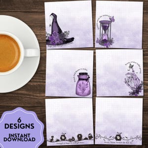 May include: Six designs of printable art featuring witchy illustrations in purple and black. The designs include a witch's hat, hourglass, potion bottle, skeleton hand, and other spooky elements. Text includes "Magic coils through every breath" and "Instant Download".