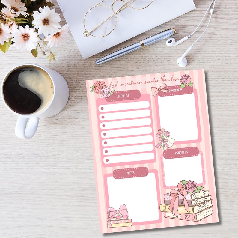 Puede incluir: Un bloc de notas rosa y blanco con ilustraciones florales y lazos. El bloc de notas incluye secciones para listas de tareas, recordatorios, prioridades y notas. El texto "Lost in sentences sweeter than love" est&aacute; en la parte superior.