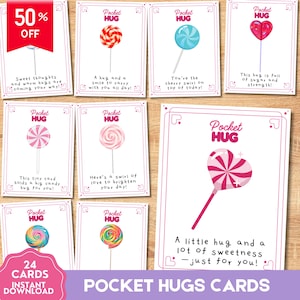 Karty Lollipop Pocket Hugs, Pocket Hug do wydrukowania, Karty afirmacji do wydrukowania, Zdrowie psychiczne, Pozytywny prezent, Urok lizaka, Przemyślany prezent