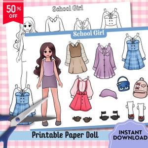 Papierpuppen bedruckbar, Schulmädchen Malseiten, niedliche Papierpuppen, Papierpuppe für Kinder, Papierpuppenkleidung, Erwachsene Färbung, Kinder Aktivität