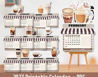 Coffee Calendar, Printable Calendar, Cute Calendar, Calendar 2027, Colorful Calendar, Desk Calendar, Positive Affirmation Calendar