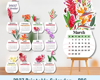 Tropical Flower Calendar, Floral Calendar, Printable Calendar, Cute Calendar, Calendar 2026, Small Calendar, Desk Calendar, Flower Calendar