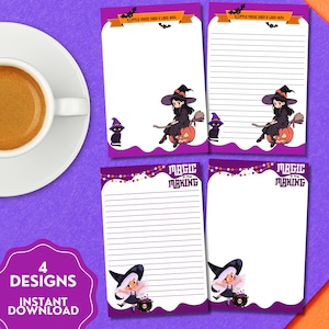May include: Four stationery sheets featuring Halloween themes. Two sheets show a witch on a pumpkin with the text A LITTLE MAGIC GOES A LONG WAY. Two sheets show a witch with a cauldron and the text MAGIC IN THE MAKING. Some sheets are lined.