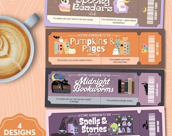 Söta Halloween-bokmärken, Admit One Ticket-bokmärkesset, BookTok-utskrivbara bokmärken, läskig bokälskare-present, läsklubb, digital nedladdning