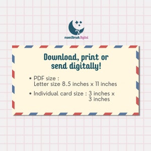 Puede incluir: Una descarga digital de tarjetas imprimibles. El texto dice "&iexcl;Descarga, imprime o env&iacute;a digitalmente!" y enumera los tama&ntilde;os del PDF, la carta y las tarjetas individuales en pulgadas.