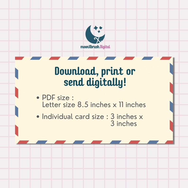 Puede incluir: Una descarga digital de tarjetas imprimibles. El texto dice "&iexcl;Descarga, imprime o env&iacute;a digitalmente!" y enumera los tama&ntilde;os del PDF, la carta y las tarjetas individuales en pulgadas.