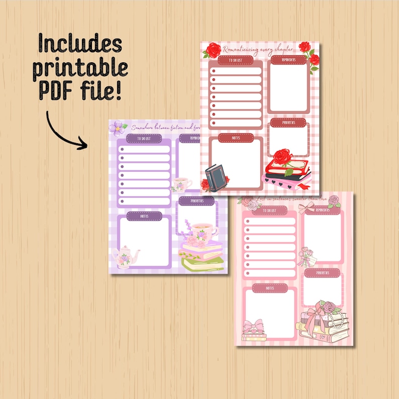 Puede incluir: Tres archivos PDF imprimibles con un tema de planificador. Cada p&aacute;gina del planificador tiene una lista de tareas, una secci&oacute;n de notas y una secci&oacute;n para prioridades. Las p&aacute;ginas tienen un tema floral y de libros con el texto "Romanticising every chapter".