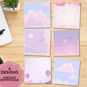 Bloco de notas imprimível positivo e fofo, bloco de notas imprimível Lo-Fi, folhas de memorando imprimíveis com afirmações positivas, papelaria fofa, saúde mental